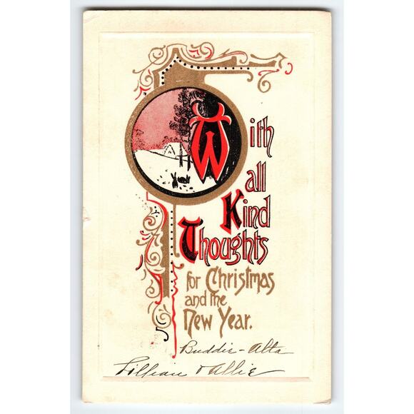 Vintage Christmas Postcard With All Kind Thoughts Winter Scene - Picture 1 of 2